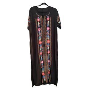 Woman’s Embroidered Kaftan Dress Black ONE SZ 100% Cotton Lightweight Boho Mumu
